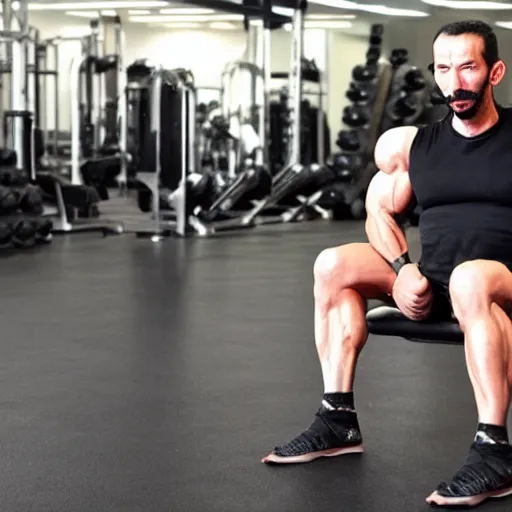 Prompt: pablo echenique robba as a bodybuilder in a gym lifting weights sitting in his wheelchair