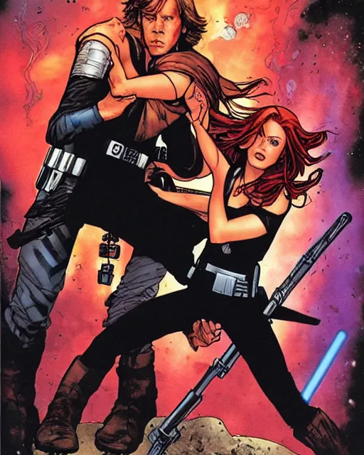 Image similar to mara jade and luke skywalker, cover art by jim lee