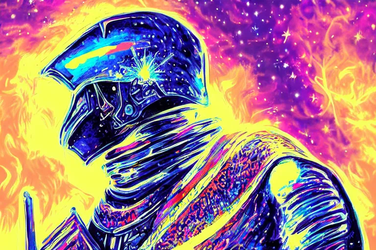 Image similar to digital art of a spiritual medieval knight wearing suit of armor looking up at the stars, acrylic art, universe, painting, pastel colors, synthwave, retro, cyberpunk,