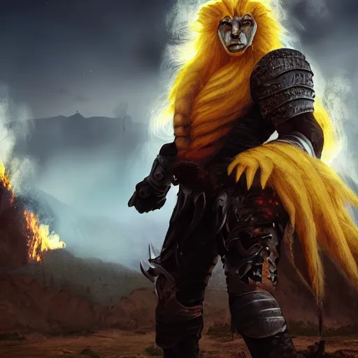 Prompt: Lionman with white hair and glowing yellow eyes wearing leather armor, walking towards the camera, burning city in background, charred landscape, Ray Tracing Global Illumination, wielding a longsword, detailed fantasy art, Dim Lighting