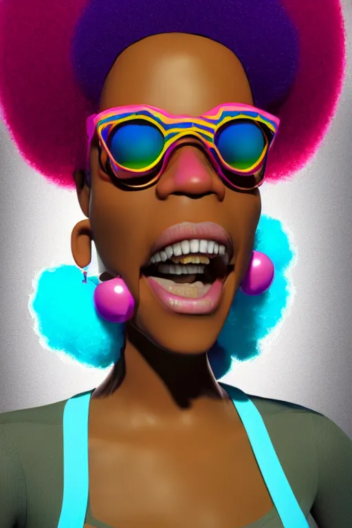 Image similar to a centered render of a groovy super cool afro disco girl from the seventies, by dreamworks, by pixar, by viktoria gavrilenko, by leticia gillett, perfect face, artstation, 3 d, 8 k