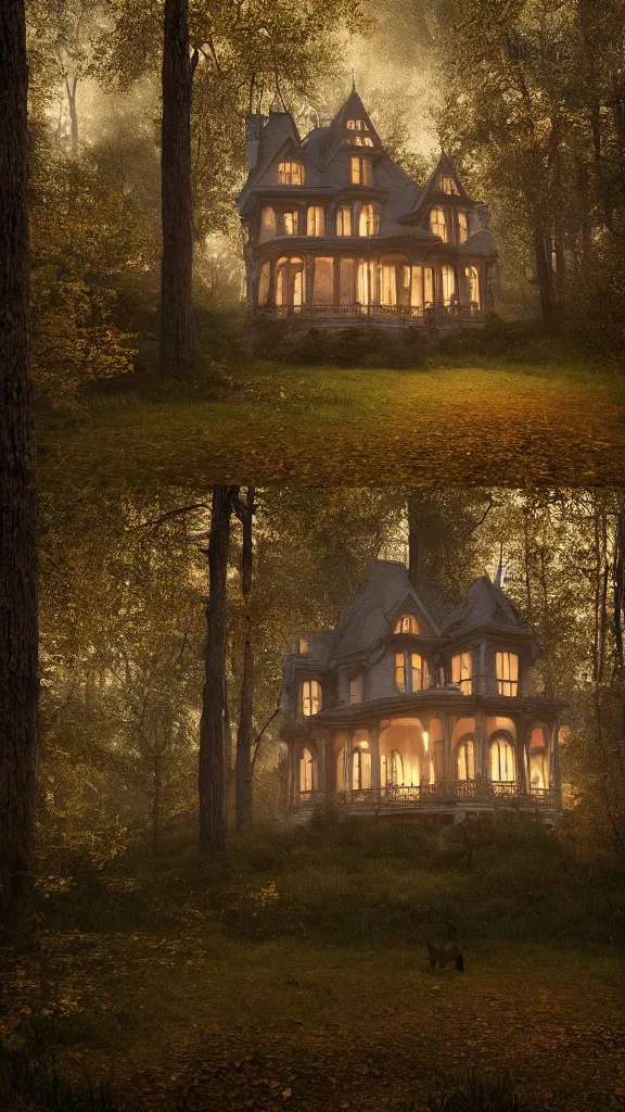 Prompt: a stunnng victorian house in the woods at dusk, ultra detailed, warm interior light, autumn, cinematic shot, photorealistic, octane render, high definition, fine details, fairy mood, fireflies, 8 k