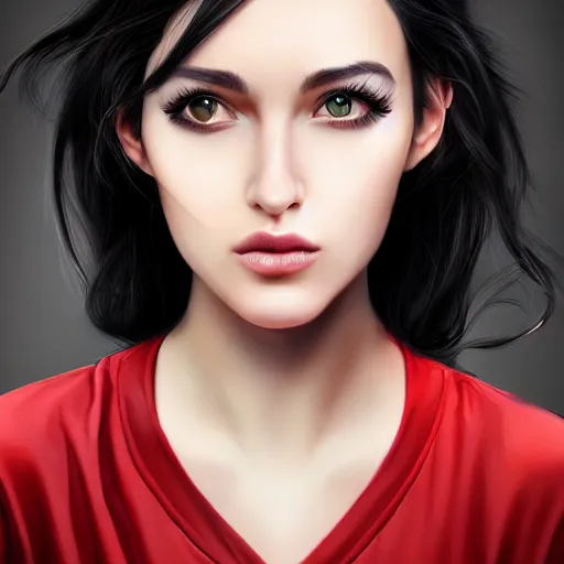 Prompt: a realistic illustration portrait of a beautiful cute girl with wavy black red hair, a pointy nose and, round chin black eyeliner, green welcoming eyes, trending on artstation, hyper - realistic lighting