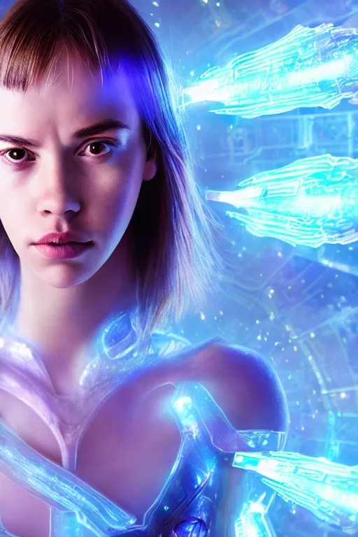 Image similar to a photographic portrait of an attractive young girl, partially clothed in ethereal battle armor, surrounded by colorful transparent plasma, emitting psychic powers, beautiful bone structure, perfectly symmetrical face, perfect eyes, intricate, elegant, ultra-detailed, digital painting, concept art, illustration, sharp focus, minimal artifacts, volumetric lighting, from Valerian and the City of a Thousand Planets, in the style of Artgerm and Loish, fantasy scene, fantasy aesthetic, trending on Artstation and Tumblr, award winning