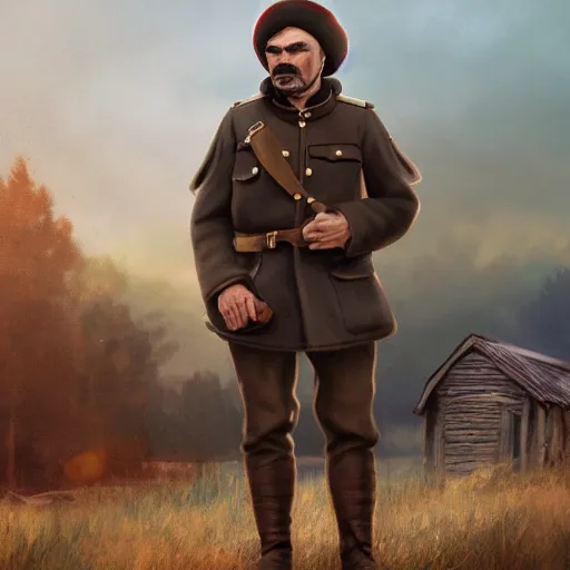 Prompt: fullbody of standing burt reynolds, wearing simple russian ww 1 clothes in black fur beanie, russian villages at background, style ivan talavera and artgerm, radiant lighting, hyper realistic, photorealistic, octane render, trending on artstation, cgsociety, cinematic light, global illumination