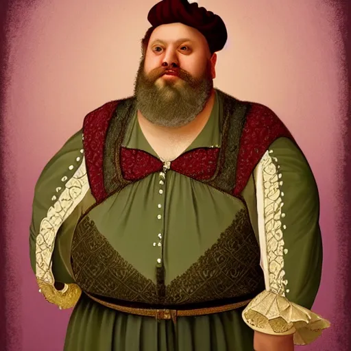 Prompt: A stunning portrait of a fat bearded renaissance era merchant wearing purple velvet finery. He has multiple chins and a huge gut. Epic fantasy art, , cinematic, digital painting, artstation, concept art, character design, smooth, sharp focus, illustration, illustration painting by Mandy Jurgens and Małgorzata Kmiec and Dang My Linh and Lulu Chen and Alexis Franklin and Filip Hodas and Pascal Blanché and Bastien Lecouffe Deharme, detailed intricate ink illustration