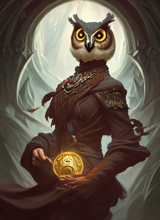 Prompt: owl wizard, d & d, fantasy, intricate, elegant, highly detailed, digital painting, artstation, concept art, matte, sharp focus, illustration, hearthstone, art by artgerm and greg rutkowski and alphonse mucha