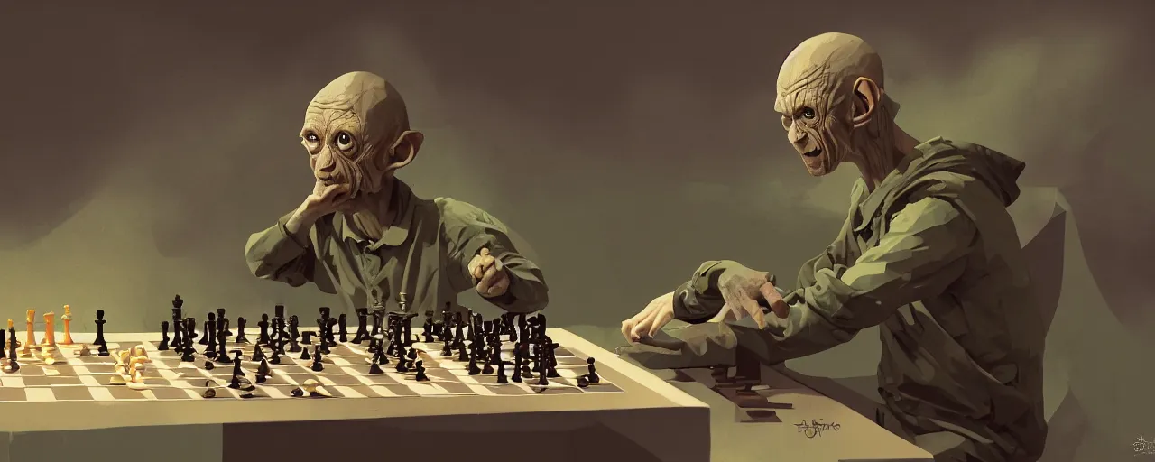 Prompt: duotone olive illustration 3 / 4 portrait of gollum playing chess composition accidental renaissance golden ratio. by sachin teng and sergey kolesov and ruan jia and heng z. graffiti art, scifi, fantasy, hyper detailed. octane render. concept art. trending on artstation