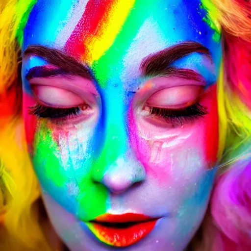 Prompt: woman crying rainbow paint, photography, ultra realistic, highly detailed, symmetrical, 8 k