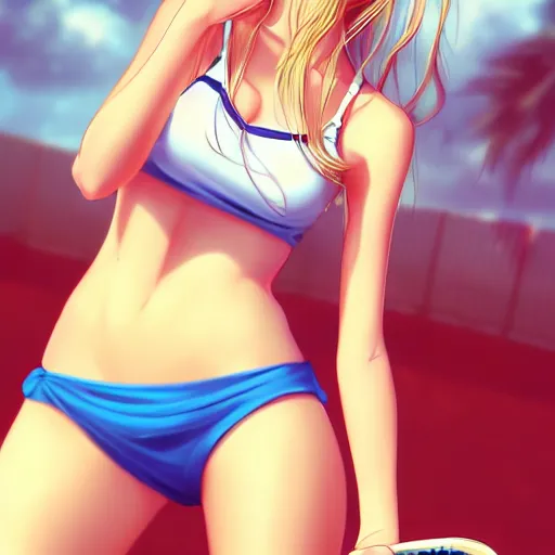 Image similar to a very beautiful young anime tennis girl, full body, long wavy blond hair, sky blue eyes, full round face, bikini, miniskirt, front view, mid - shot, highly detailed, cinematic wallpaper by stanley artgerm lau