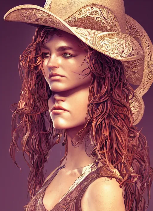 Image similar to detailed full body concept oil painting of a cowgirl, beautiful face, elegant pose, fantasy, illustration, insanely detailed and intricate clothing, octane render, 4k