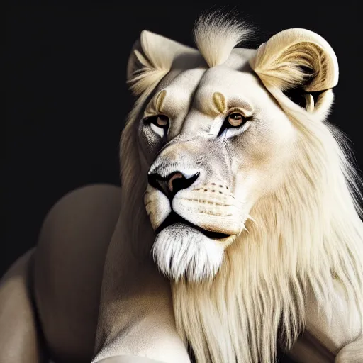 Image similar to a full body photograph of a white lion,photorealiatic,hyperdetailed,hyperrealistic,studio lighting,studio photography,professional photography,professional lighting,detailed face,3 point lighting,4k,dramatic