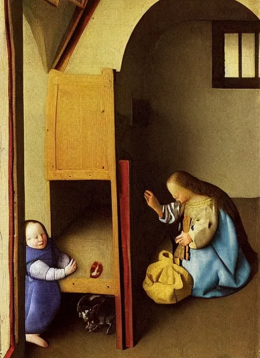 Image similar to cozy children room with toys, there was a crib with very high barred sides against the wall. The boy was holding a toy in his hands, apparently fiddling with it, medieval painting by Jan van Eyck, Johannes Vermeer