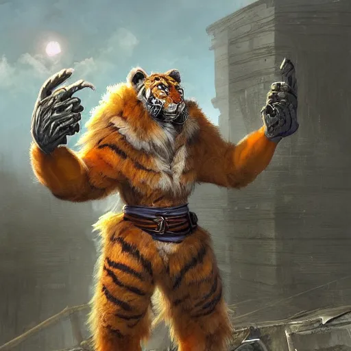 Prompt: shredded physique crisp defined furry fuzzy Man Streetfighter the elder scrolls oblivion Dude wearing Tiger Costume standing atop dumpster greg rutkowski greg danton tony sart raymond swanland chris foss chris cold christophe norman rockwell young acrylic 4k artstation wikiart wikipedia realism tilt-shift