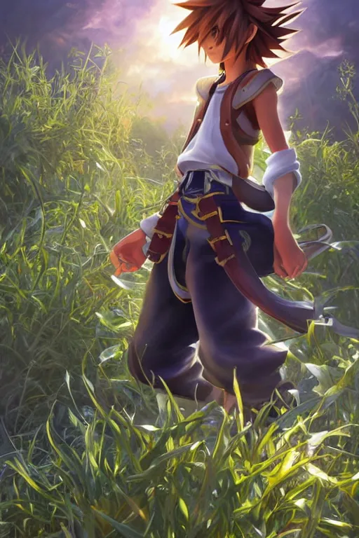 Prompt: sora from kingdom hearts, wavy hairstyle, battle stance, highly detailed, in a magical lush field of overgrown plants, digital painting, artstation, concept art, smooth, sharp focus, illustration, cinematic lighting, art by artgerm and greg rutkowski and alphonse mucha