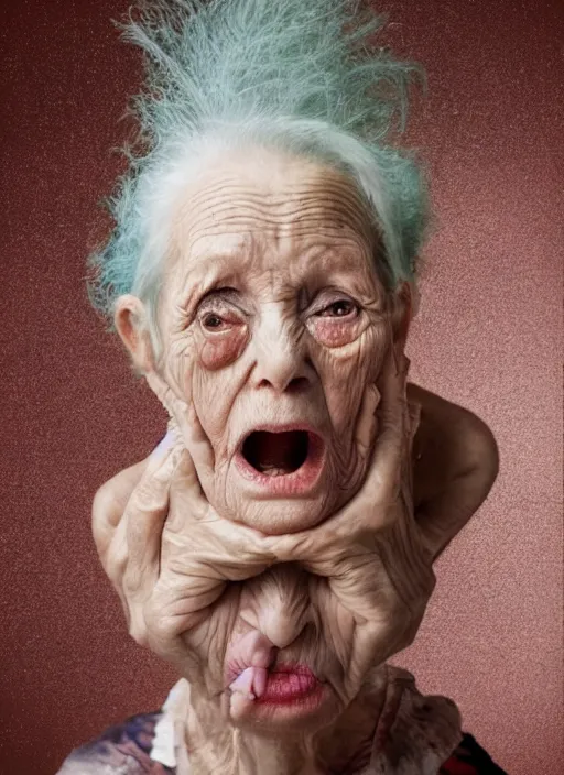 Image similar to an old woman with a weird look on her face, a surrealist painting by Martin Schoeller, shutterstock contest winner, pop surrealism, angelic photograph, stock photo, photoillustration