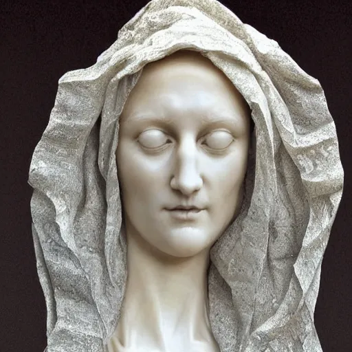 Image similar to a masterpiece marble sculpture of the veiled hooded virgin, subsurface cracks, !dramatic !face, !female, covered in intricate !detailed golden !!streaked veil , physically based rendering, ultra photo realistic, cinematic lighting , dark background by Dan Hillier