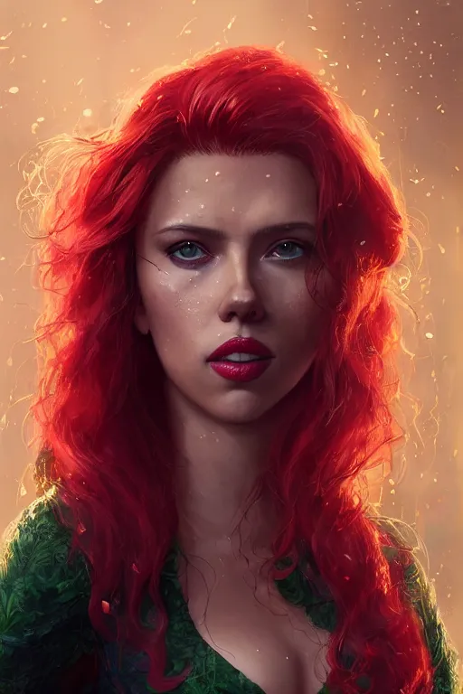 Image similar to a fancy portrait of Scarlett Johansson as poison ivy by Greg Rutkowski, Sung Choi, Mitchell Mohrhauser, Maciej Kuciara, Johnson Ting, Maxim Verehin, Peter Konig, final fantasy , mythical, 8k photorealistic, cinematic lighting, HD, high details, atmospheric,