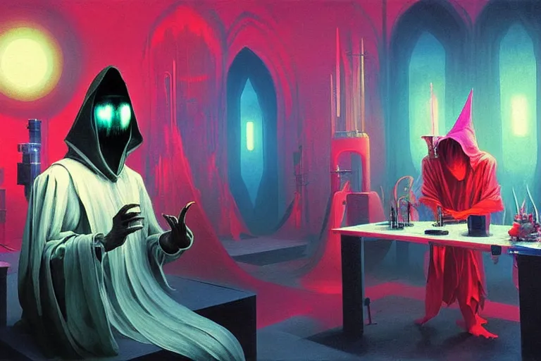 Image similar to a beautiful masterpiece painting of a technomancer wizard in robes with pointed hood discussing sentience with his synthesized AI djinn in his laboratory near a computer by Remedios Varo and Anato Finnstark and Greg Rutkowski, dayglo pink, dayglo blue, dazzle camouflage