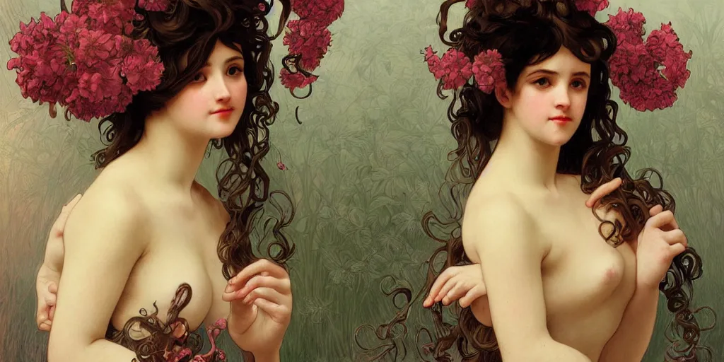 Prompt: a portrait of a very seductive young woman, hair full of gigantic flowers and octopus tentacles, photoillustration, realistic, closeup, facing the camera, dark, dramatic lighting, in the style of WLOP and Alphonse Mucha and Caravaggio