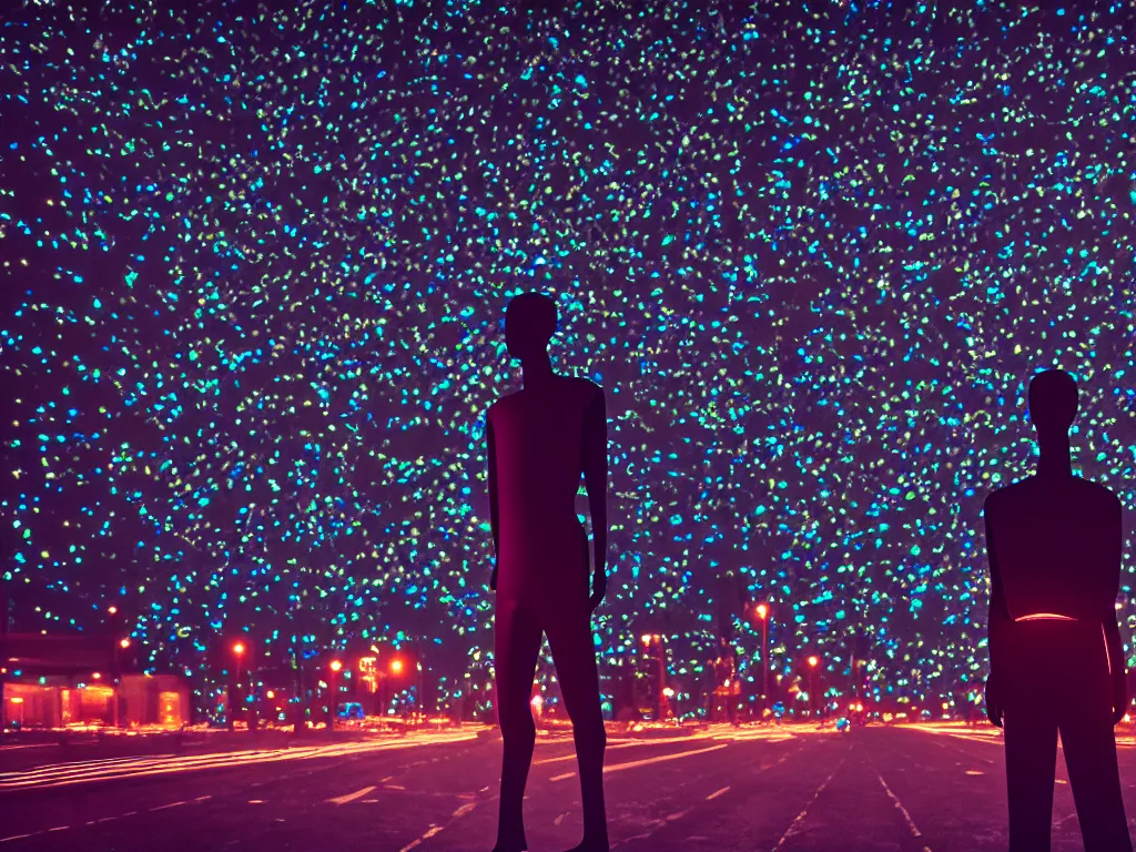 Prompt: mannequin made of starlight, staring into the infinite void, stars, galaxy, traffic lights, flaming city, lightnight, night time, streetlights, city, cinematic, introspective, photorealistic, volumetric lighting, octane render, clean linework, moody