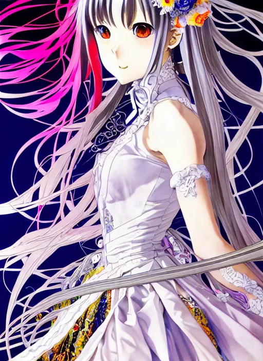 Image similar to highly detailed shigenori soejima artstation anime poster of girl mechine, long hair, armor, dress, laces, ruffles, 8 k, rainbow gradient bloom, maximalist, takeshi obata, artgerm, alphonse mucha