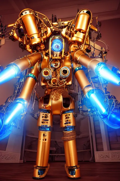 Image similar to portrait photo of a giant huge golden and blue metal humanoid female steampunk robot singer with headphones and gears and tubes, in the foreground is a big red glowing microphone on a tripod, eyes are glowing red lightbulbs, shiny crisp finish, 3 d render, 8 k, insaneley detailed, fluorescent colors, background is multicolored lasershow