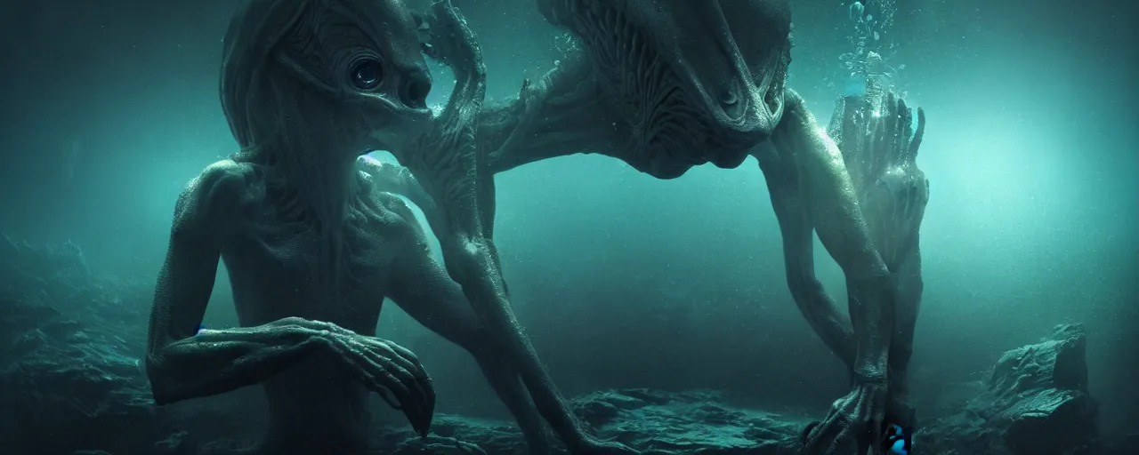 Image similar to ultra realistic horror photo of a dimly lit male alien creature underwater, very intricate details, focus, full frame image, model pose, artwork by tooth wu and wlop and beeple and greg rutkowski, award winning