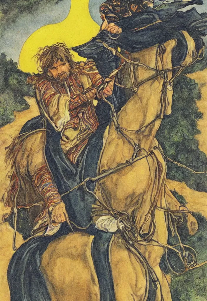 Prompt: Joshua Bengio portrait on the Tarot Hermit card. Classic Rider–Waite tarot deck illustrated by Pamela Colman Smith