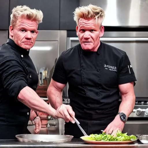 Prompt: Gordon Ramsay teaching Thanos how to cook