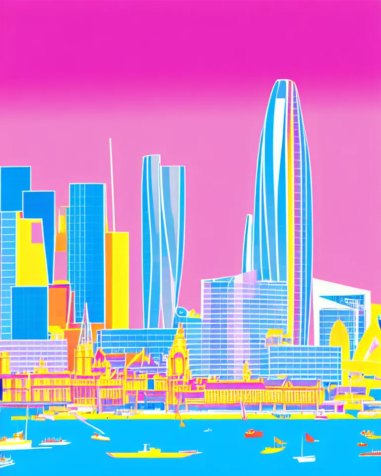 Prompt: clear sunny day, onlooking the beautiful city of london, bright colors, in the style of hiroshi nagai, very detailed