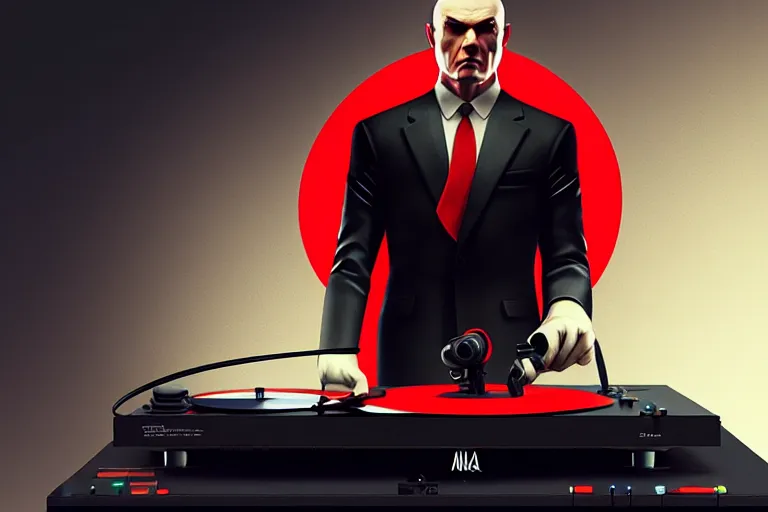 Image similar to a portrait of agent 4 7 from hitman wearing headphones and putting a vinyl record onto a turntable, dark background, red rim light, digital art, artstation, concept art by giger stalenhag