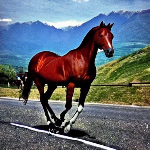 Prompt: horse bicycle!!!, cycling!!, anthropomorphic!!!, mountains, award winning photo,