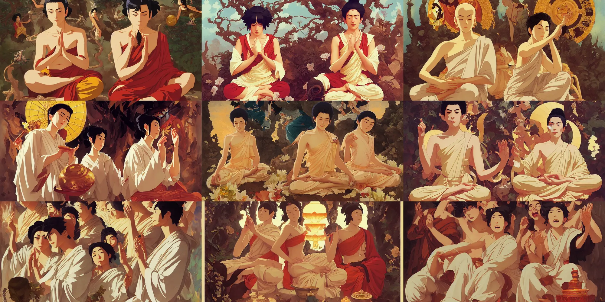 Prompt: buddhism, in the style of studio ghibli, j. c. leyendecker, greg rutkowski, artem