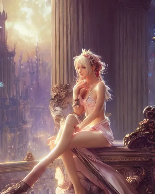 Prompt: daniel gerhartz and artgerm detailed portrait digital rococo painting of a beautiful final fantasy woman, fantasy scene, large palace in the background, unreal engine, hyper realism, realistic shading, cinematic composition, blender render, octane render, hdr, detailed textures, photorealistic, ultrawide shot, 3 5 mm film