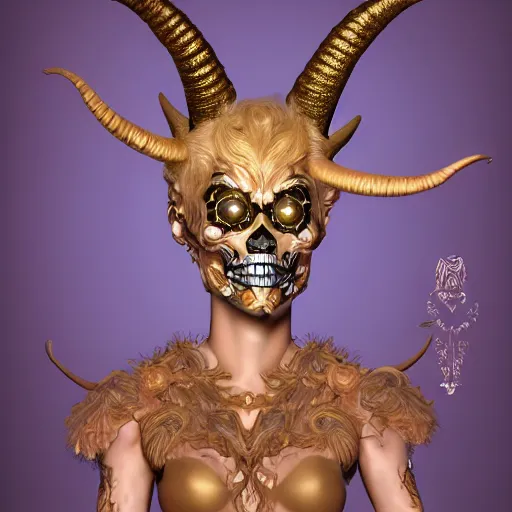 Image similar to champagne blonde female changeling mythical satyr, humanoid with goat legs and horns, symmetry intricate, dia de los muertos, aztec ultra detailed feathered dress, gold - bodied playing guitar, concept art, photorealism, ultra realistic, 8 k resolution, artstation, 3 5 mm,