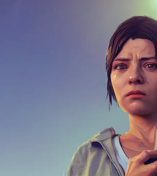 Image similar to highly detailed macro shot of a female portrait with a look of disgust, in gta v, unreal engine, loish, rhads, makoto shinkai and tom bagshaw, reflective global illumination, god rays, detailed and intricate environment