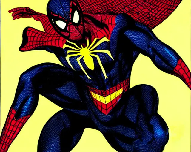 Image similar to photorealistic sketch of black spider - man with gold webbing by steve ditko