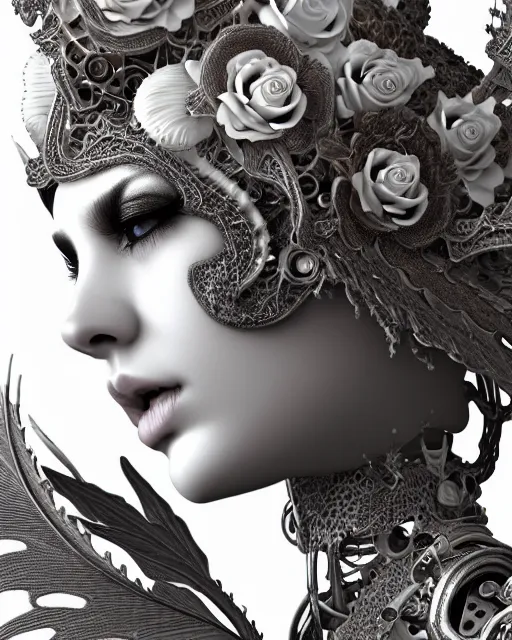 Image similar to bw dreamy close - up profile face, beautiful young porcelain intricate steampunk bio - mechanical vegetal - dragon - cyborg - female, white roses ornate metallic armour, white fluffy feathers, fine mandelbrot fractal lace, 1 5 0 mm, soft rim light, elegant, hyper real, ultra detailed, octane render, hg giger, 1 6 k