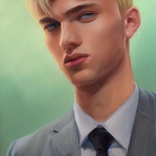 Image similar to A beautiful painting of a young man, blonde, wearing a suit, oil painting, green eyes, gloomy lighting, hyper detailed, trending on artstation