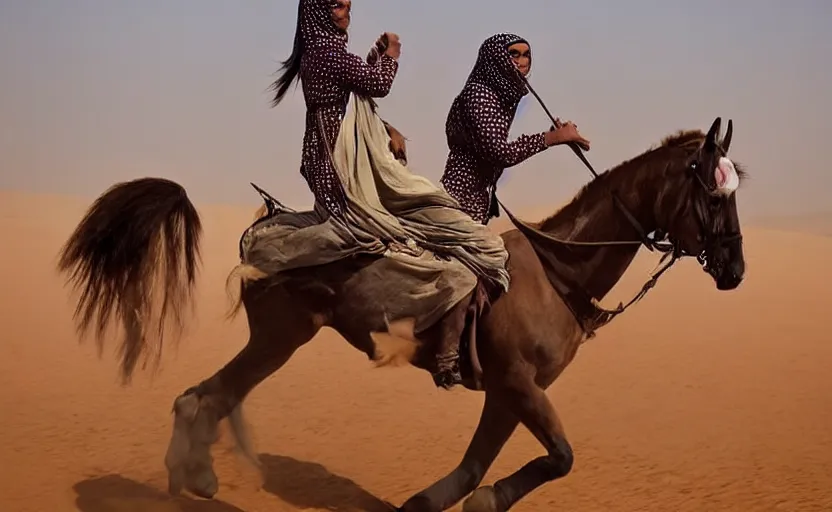 Image similar to beautiful burqa's woman, riding a horse!!! in saharan, sharp eyes, perfect dynamic posture, dust, cinematic, perfect dynamic pose, pinterest,, very perfect position, award winning photo by national geographic