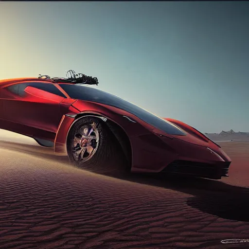 Prompt: concept car by porsche and lamborghini, scene in desert, digital art, ultra realistic, ultra detailed, art by greg rutkowski