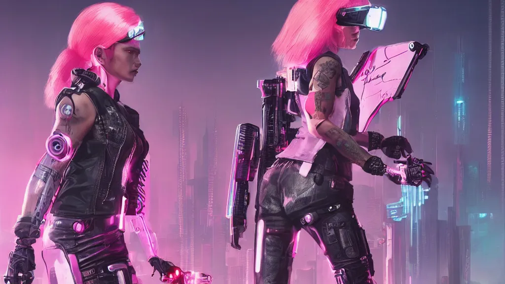 Image similar to A female cyberpunk character concept art from Cyberpunk 2077, pink Mohawk, futuristic virtual reality goggles, 1980s high collar leather jacket, torn shorts, by Stanley Artgerm Lau, WLOP, Rossdraws, James Jean, Andrei Riabovitchev, Marc Simonetti, trending on artstation