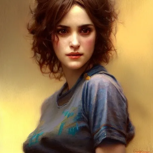 Image similar to portrait of youth winona ryder dressed in t - shirt. highly detailed painting by gaston bussiere, craig mullins, j. c. leyendecker, close shot, 8 k realistic, cryengine, frostbite 3 engine, sharp focus, trending on pinterest, trending on artstation, trending on deviantart