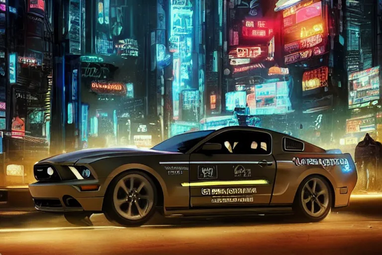 Image similar to ford mustang in cyberpunk city