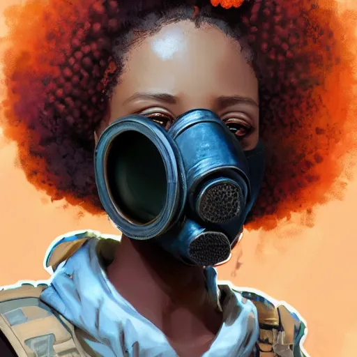 Prompt: a young black girl with afro puffs wearing a gas mask, Apex Legends character, digital illustration portrait design, by android jones and greg rutkowski, retrowave color scheme, detailed, cinematic lighting, wide angle action dynamic portrait