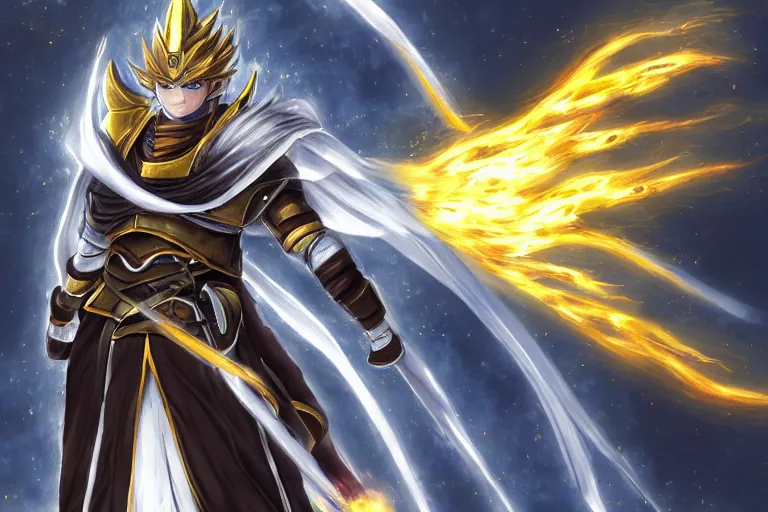 Image similar to an ultra detailed portrait of saladin as a shonen anime protagonist charging into battle wearing bright gold armor and huge flaming longsword blessed by god, epic anime fantasy, 8 k, volumetric lighting, smooth, highly detailed, digital illustration, art by kentaro miura and akira toriyama and albert bierstadt and greg rutkowsi, artstation