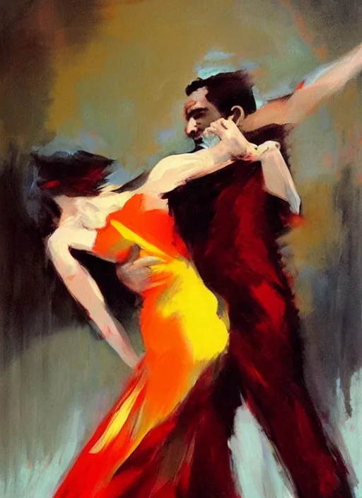 Prompt: tango dancerin in red dress, painting by phil hale, fransico goya,'action lines '!!!, graphic style, visible brushstrokes, motion blur, blurry, visible paint texture, crisp hd image