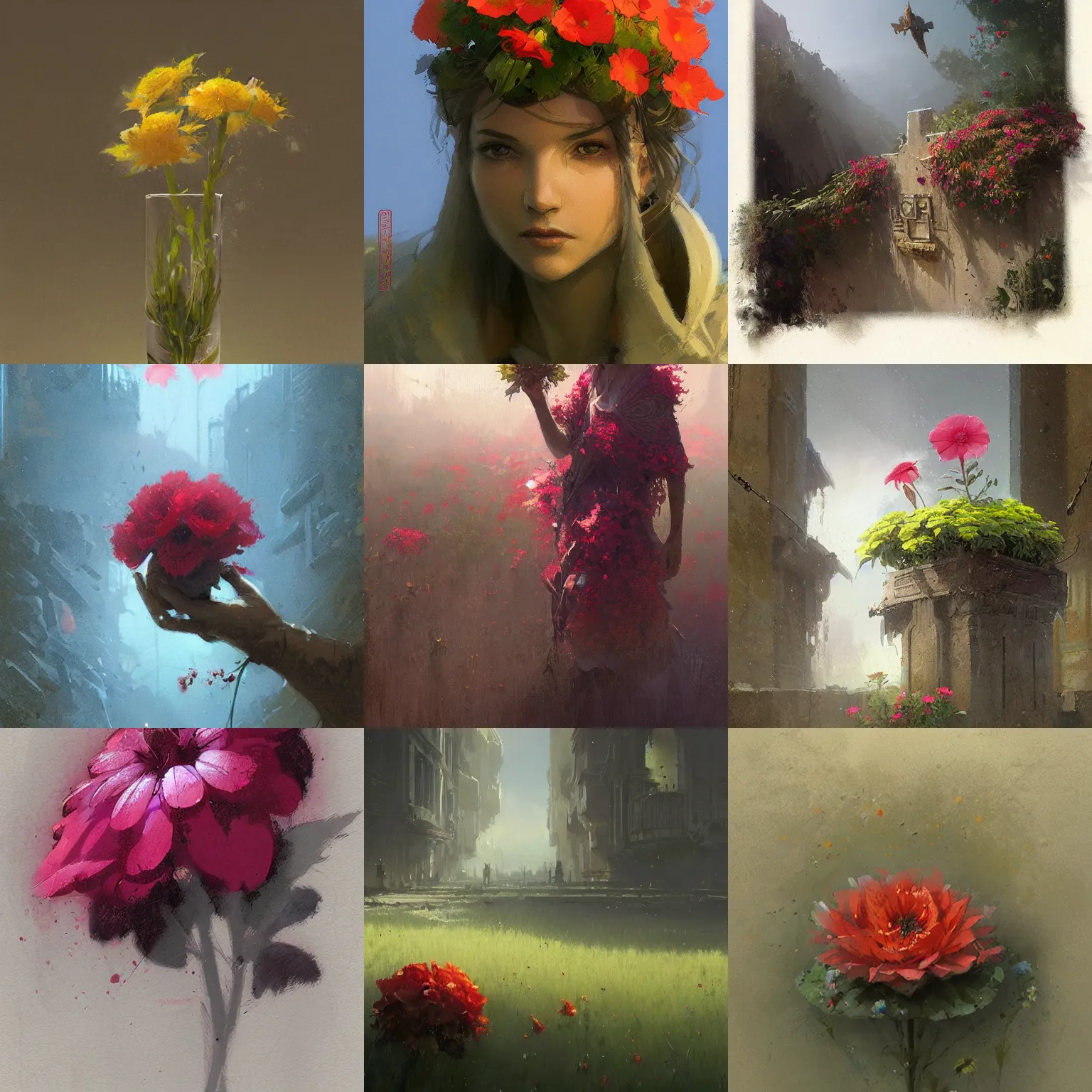 Prompt: flower by greg rutkowski and james gurney.