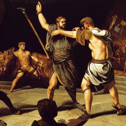 Image similar to roman emperor commodus in roman colliseum battling against tigers